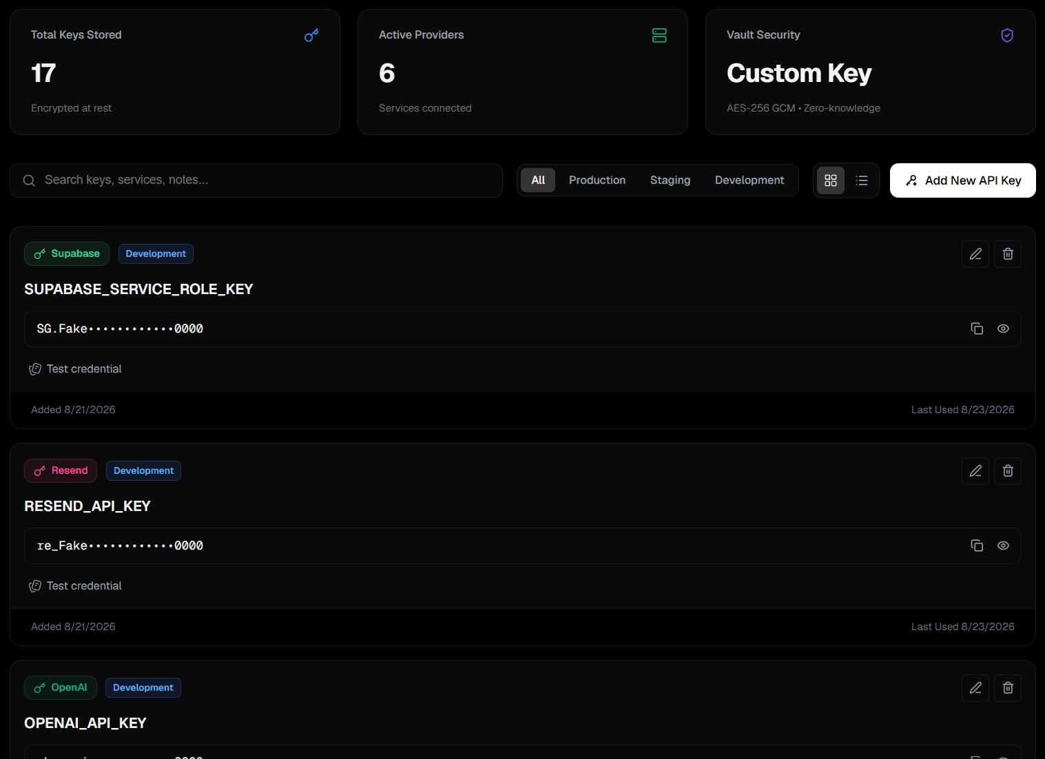 ApiVault dashboard showing encrypted API keys grouped by environment